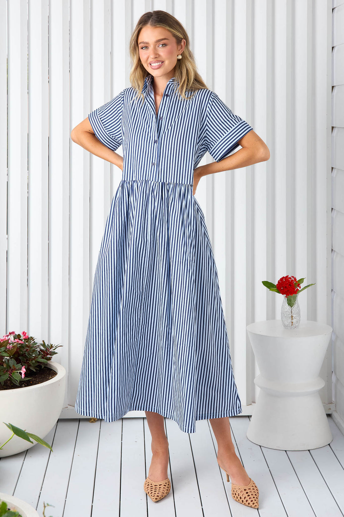 Navy and white stripe cotton shirt dress