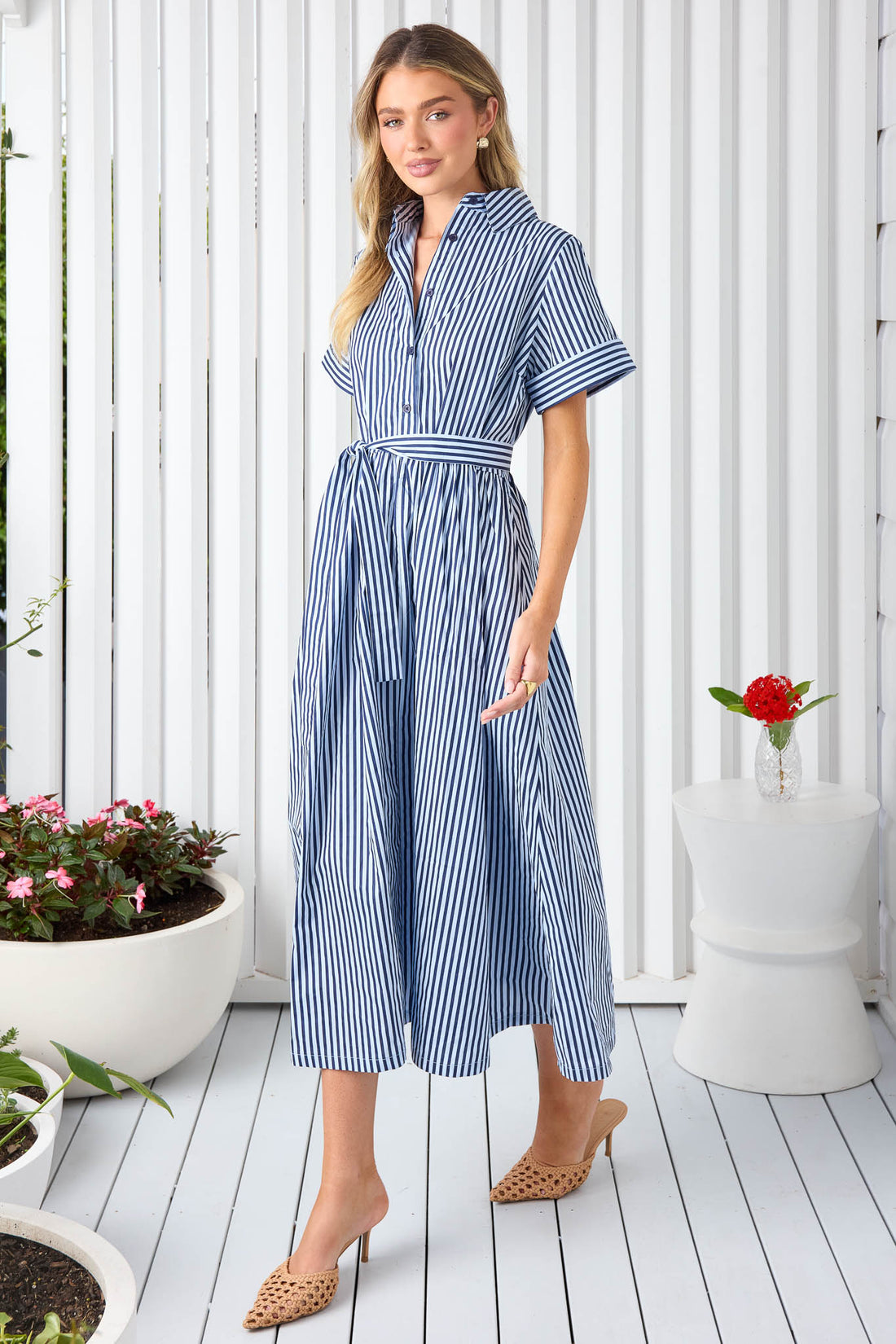 Navy and white stripe cotton shirt dress with waist tie