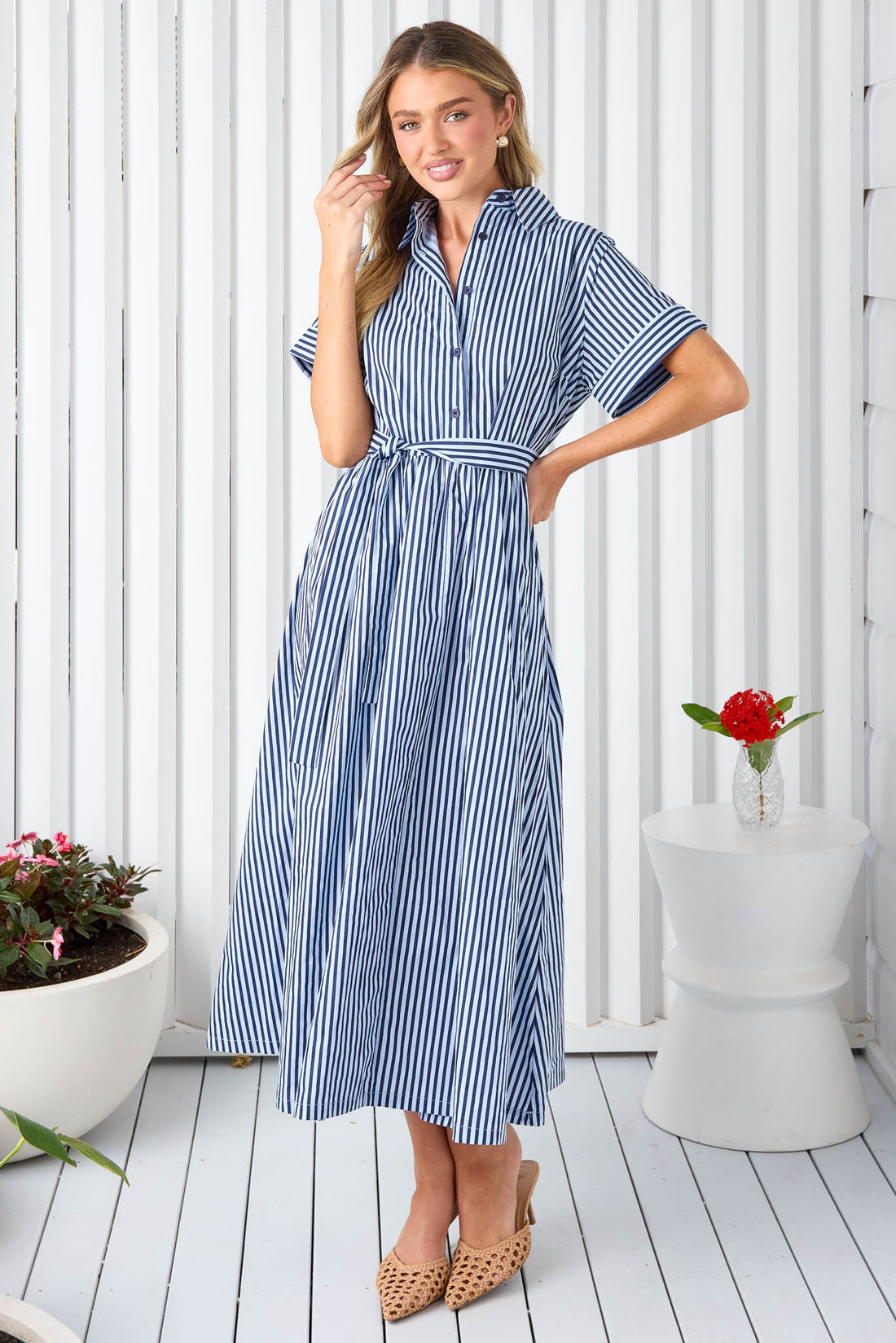 Navy and white stripe cotton shirt dress with waist tie