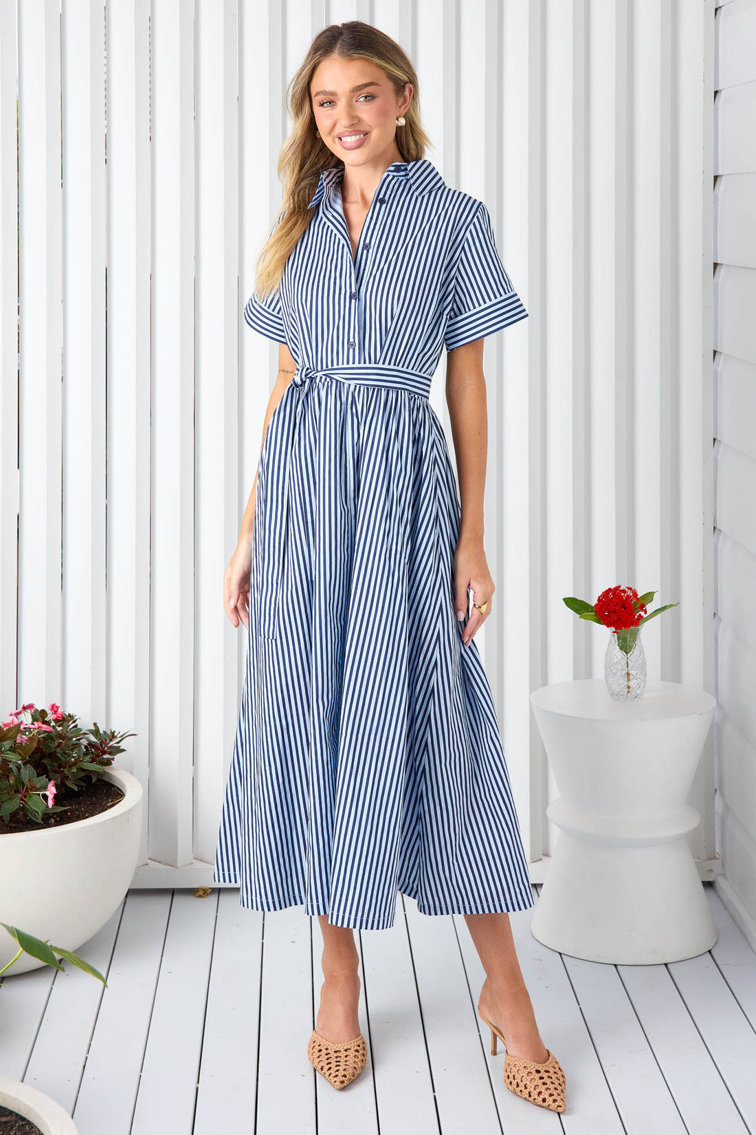 Navy and white stripe cotton shirt dress with waist tie