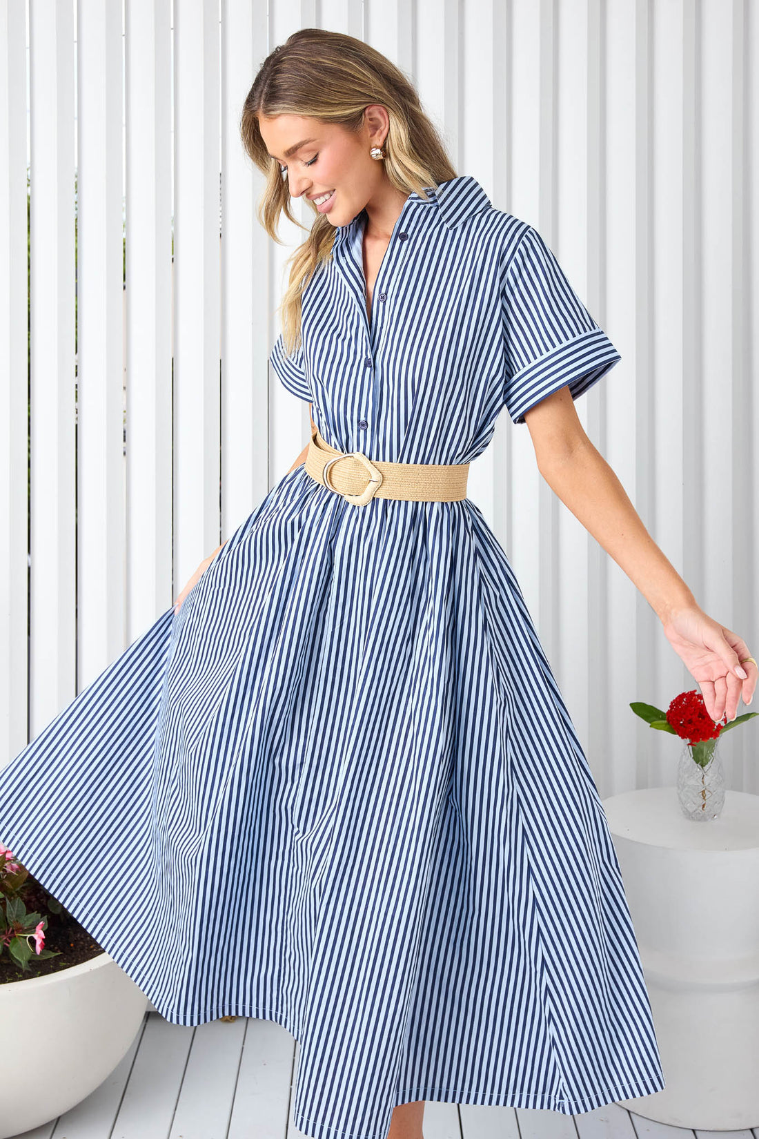 Navy and white stripe cotton shirt dress with natural stretch belt
