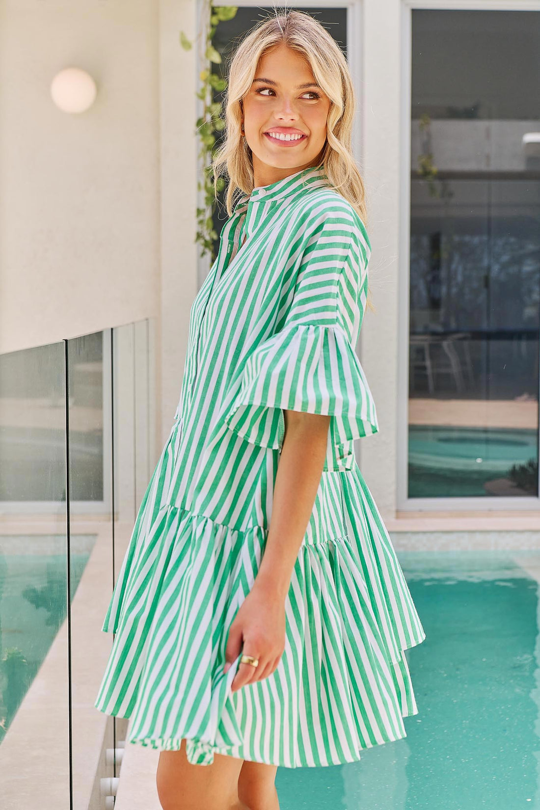 Hayley Dress - Green/White Stripe