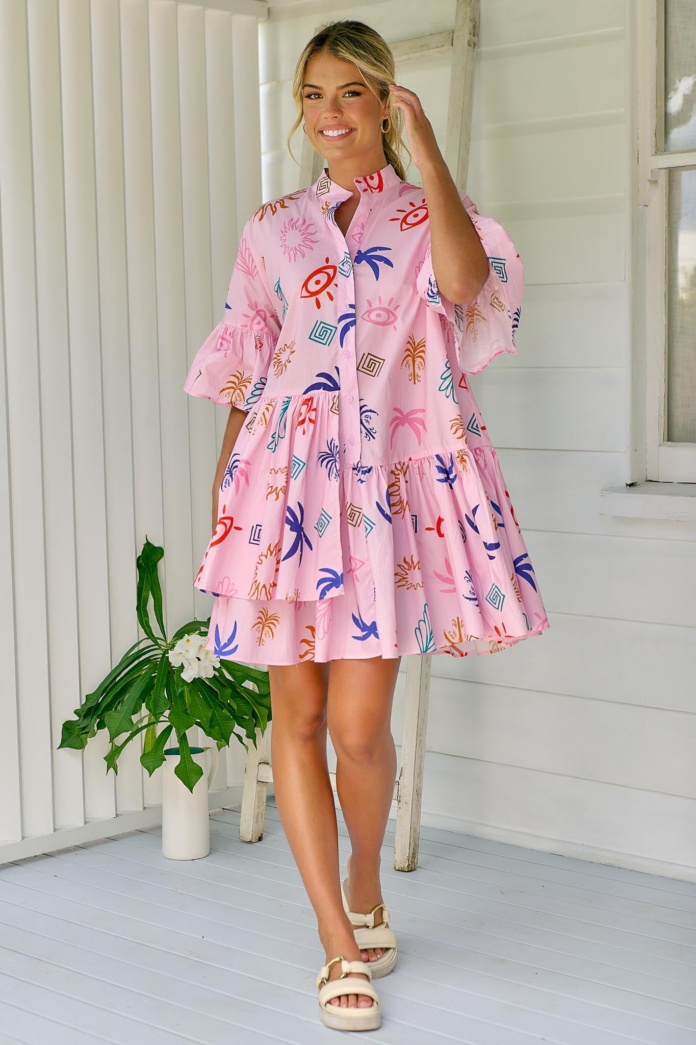 Pink and 2024 white shirt dress