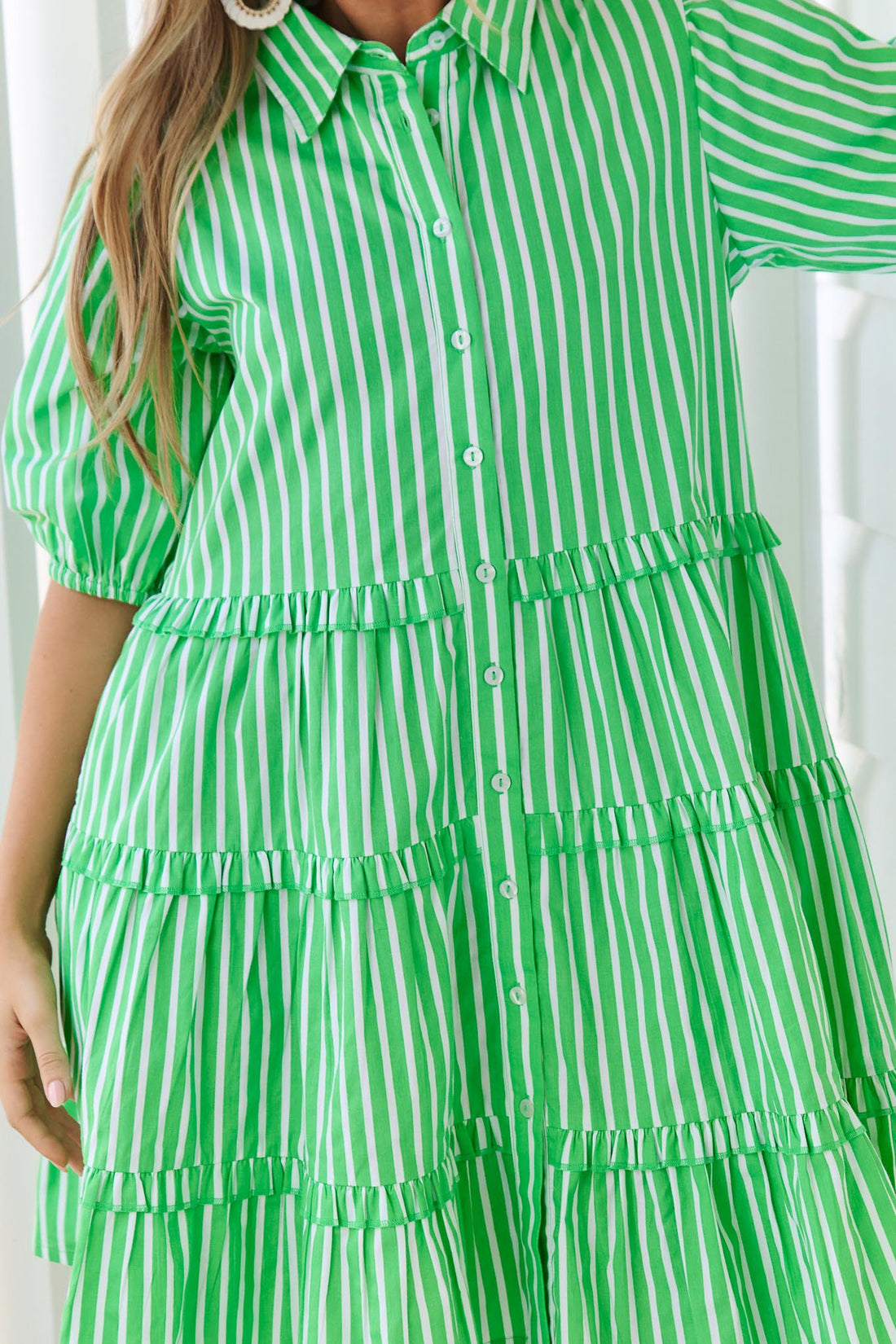 Kennedy Cotton Dress - Green Stripe - Exclusive