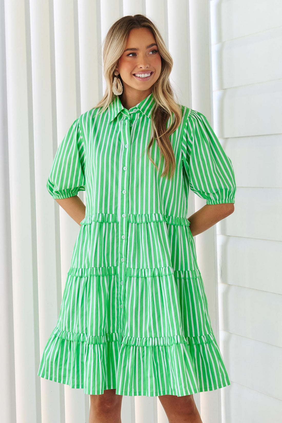 Kennedy Cotton Dress - Green Stripe - Exclusive