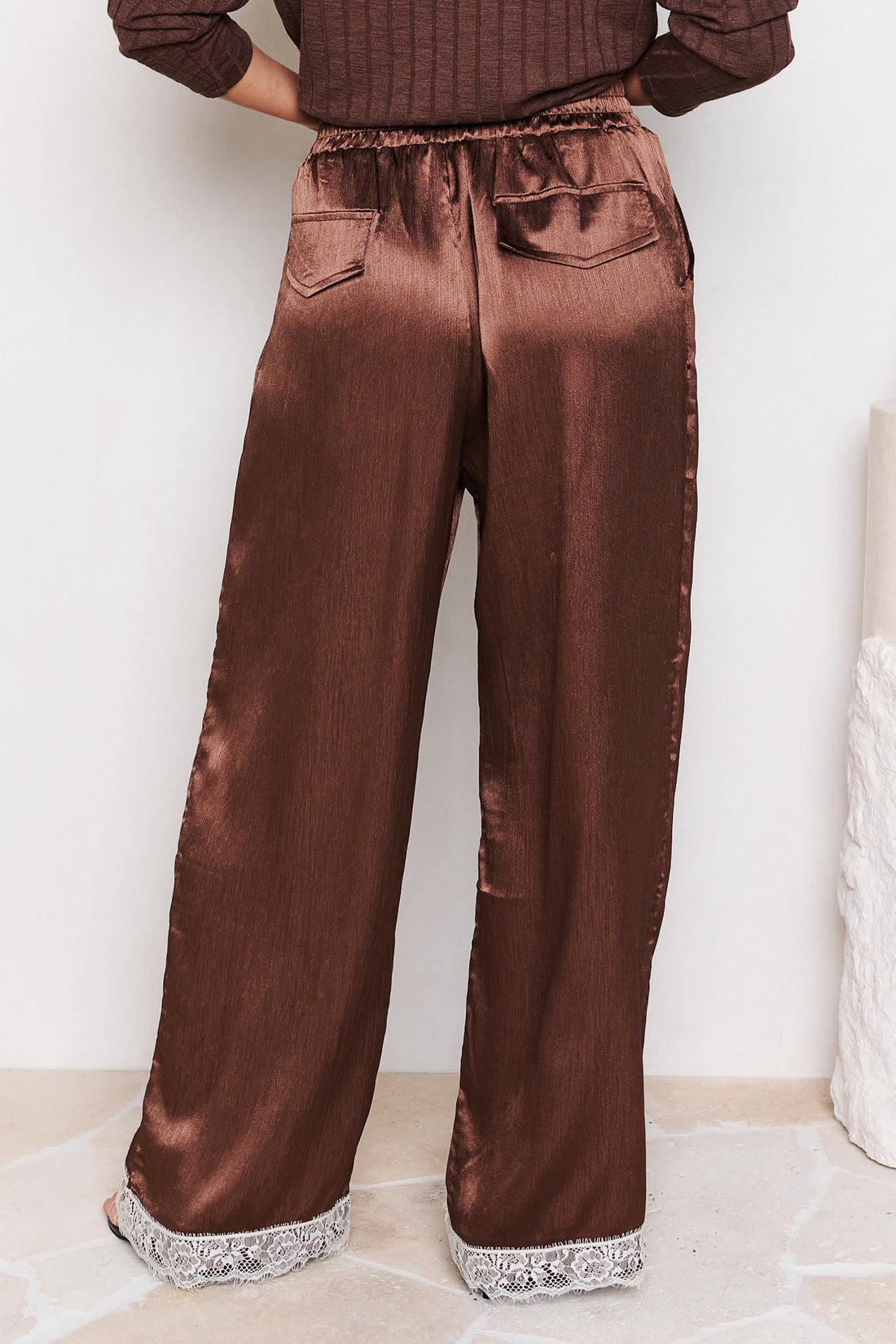Lila Lace Trim Satin Pant - Chocolate