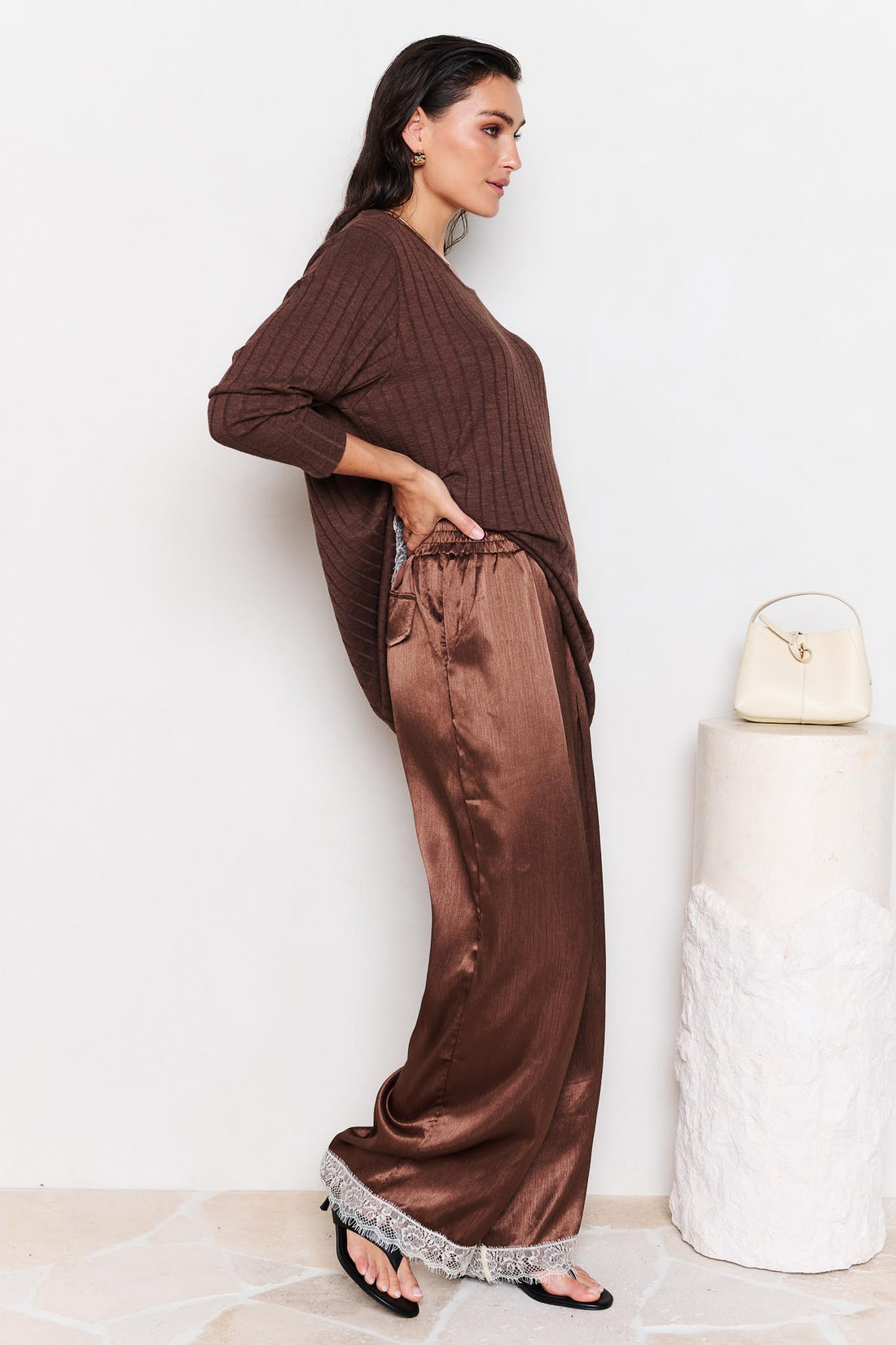 Lila Lace Trim Satin Pant - Chocolate