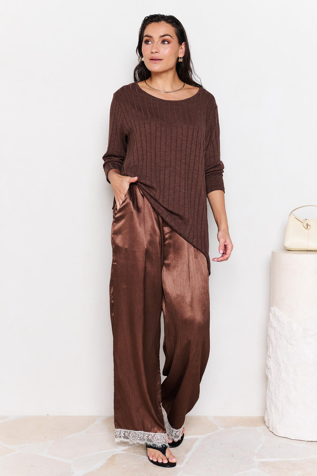 Lila Lace Trim Satin Pant - Chocolate