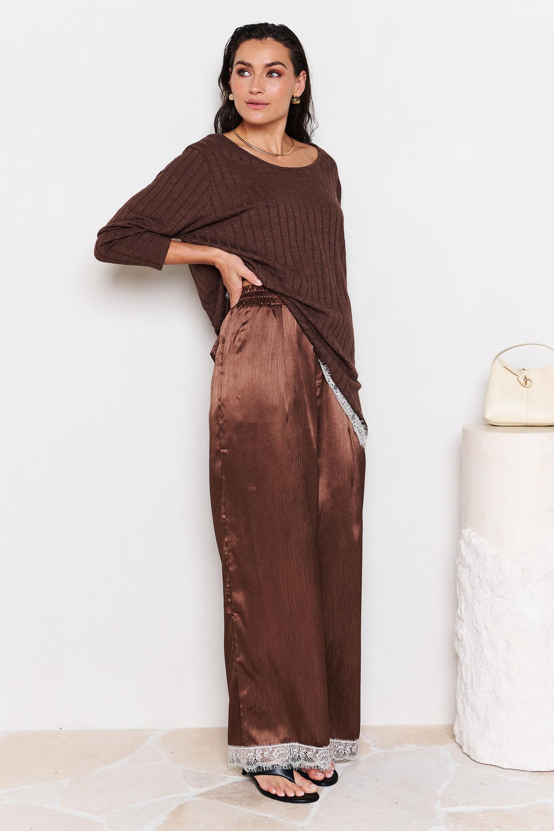 Lila Lace Trim Satin Pant - Chocolate