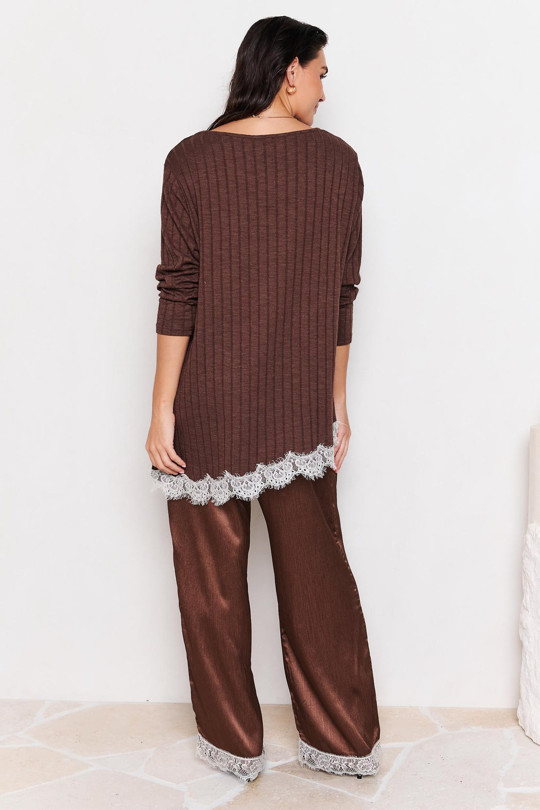 Lila Lace Trim Satin Pant - Chocolate