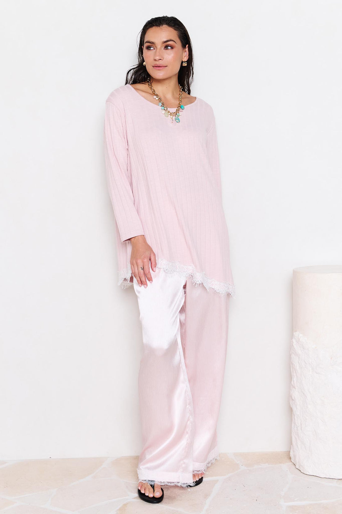 Lila Lace Trim Satin Pant - Pink