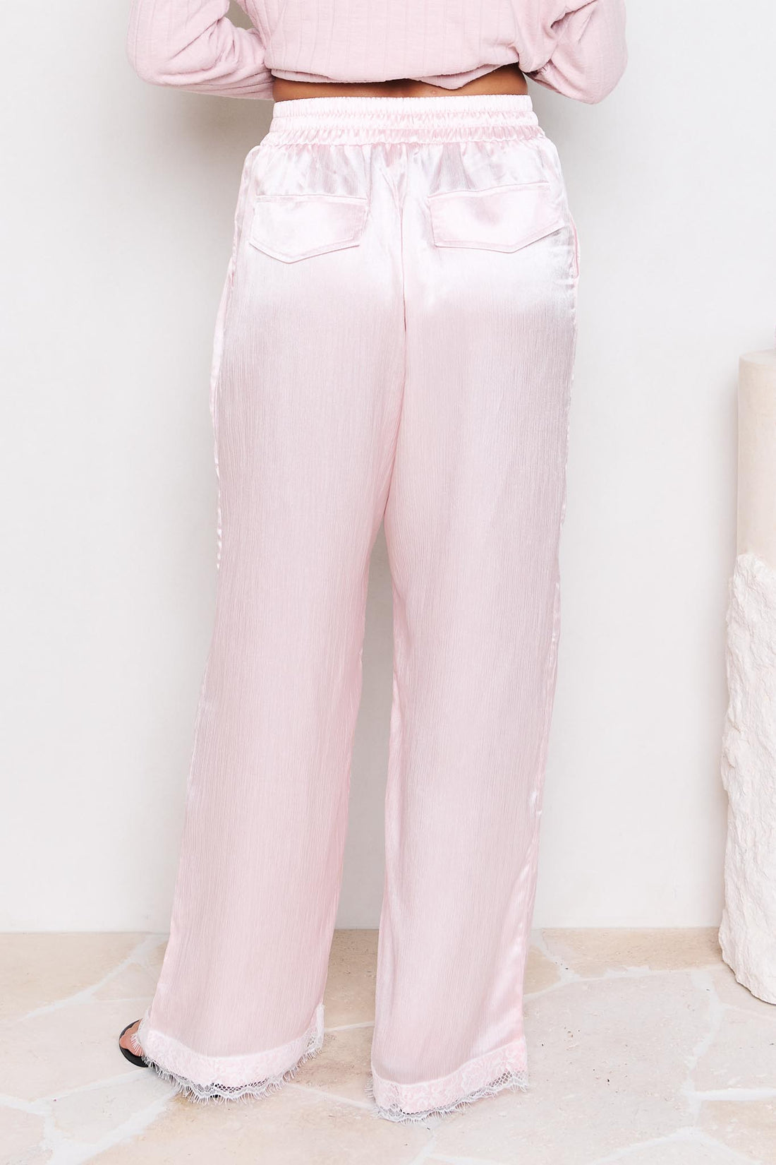 Lila Lace Trim Satin Pant - Pink