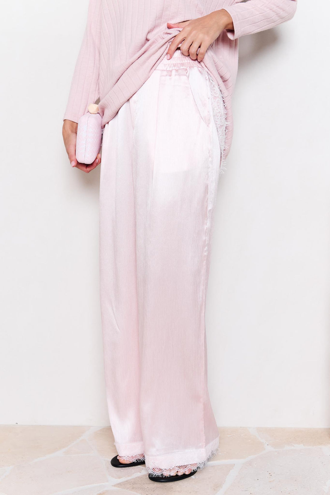 Lila Lace Trim Satin Pant - Pink
