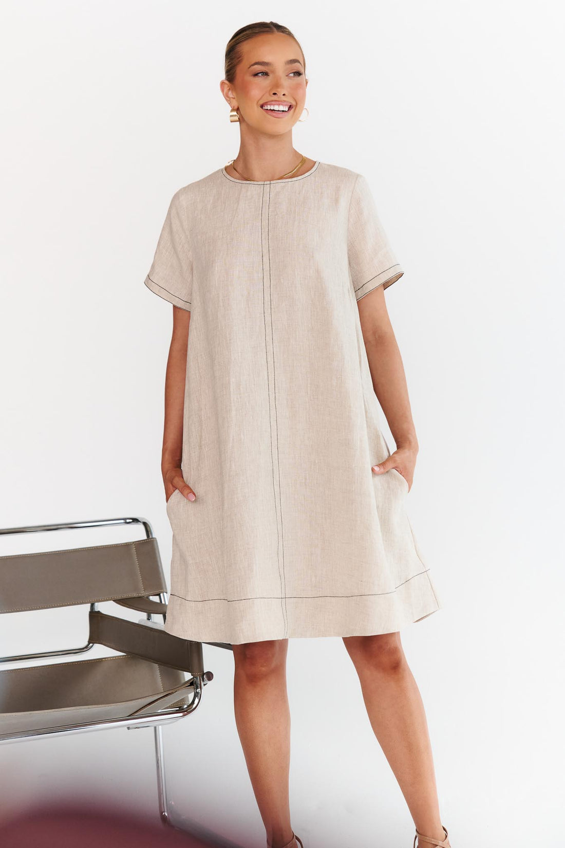 Lexi Contrast Stitch Dress - Natural