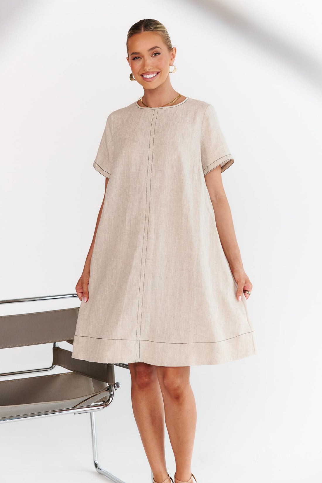 Lexi Contrast Stitch Dress - Natural