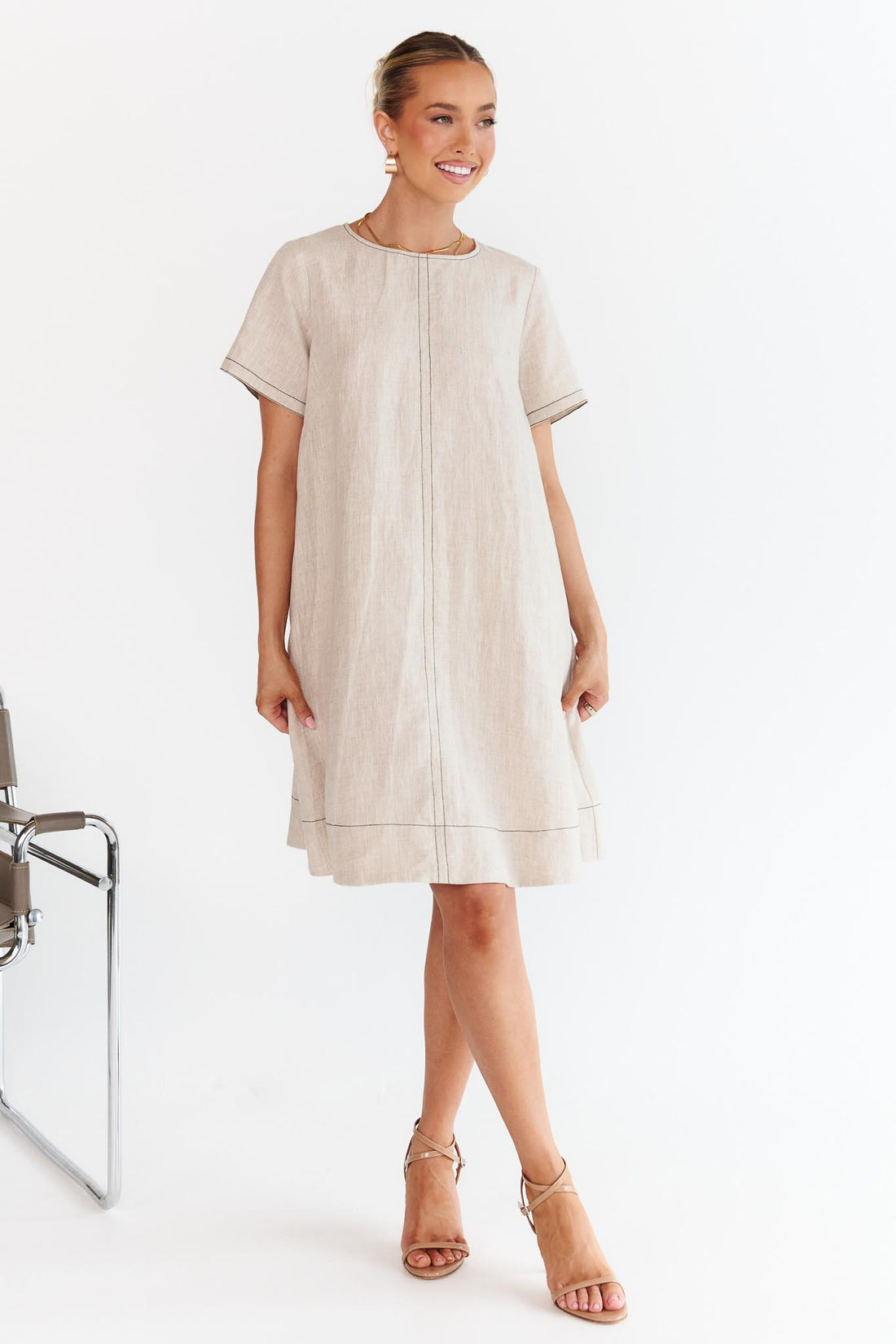 Lexi Contrast Stitch Dress - Natural