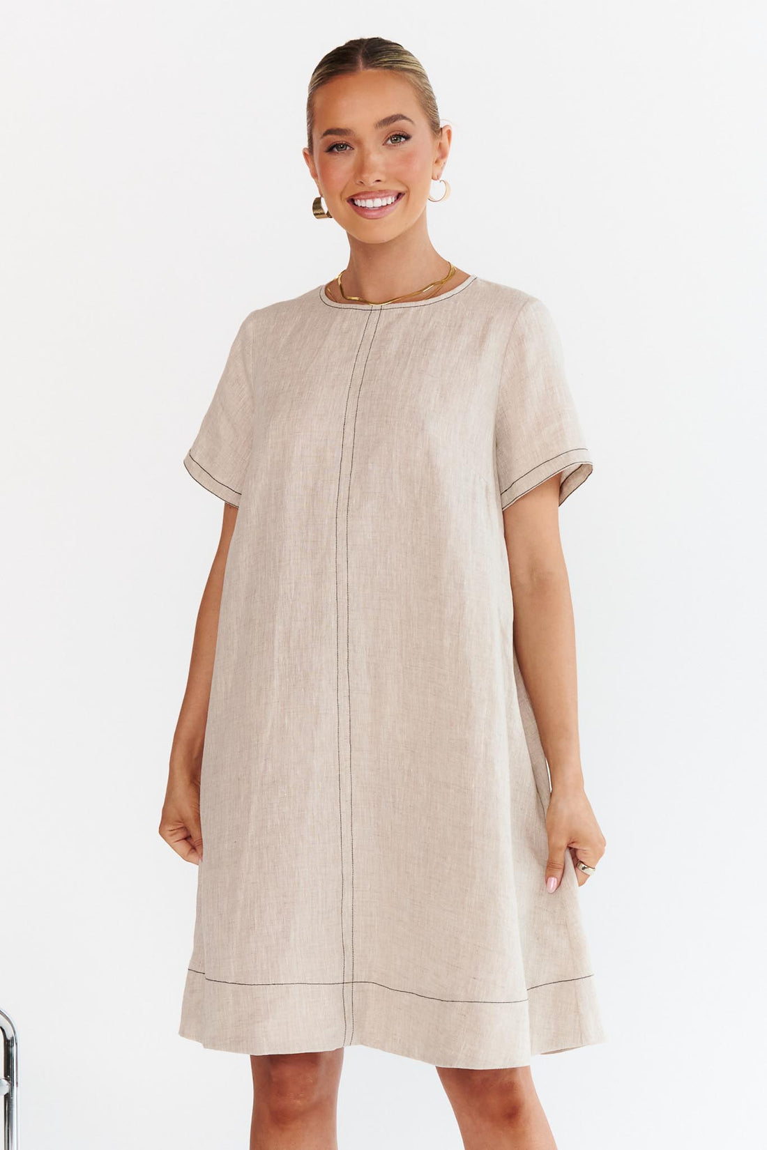 Lexi Contrast Stitch Dress - Natural