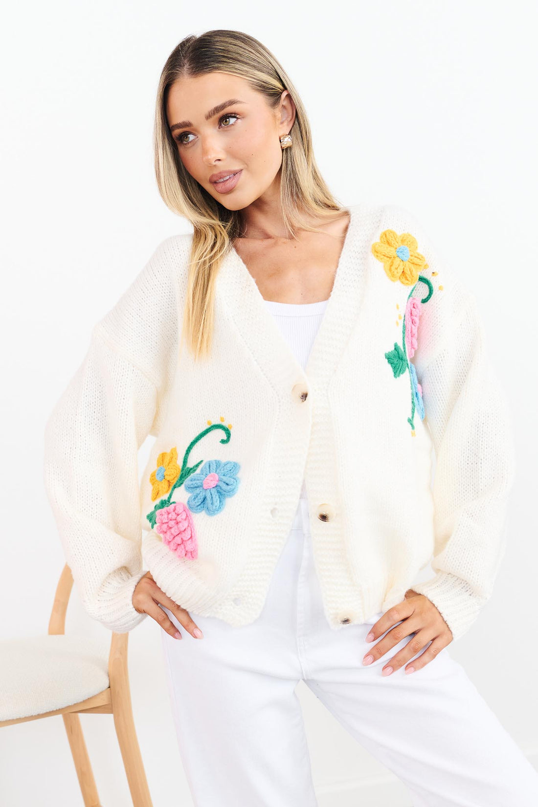 Lilah White Knit Cardigan with applique flowers