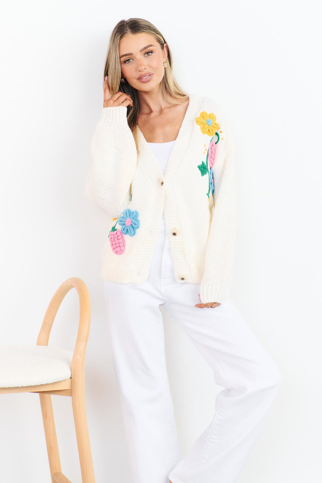 Lilah White Knit Cardigan with applique flowers and white jeans