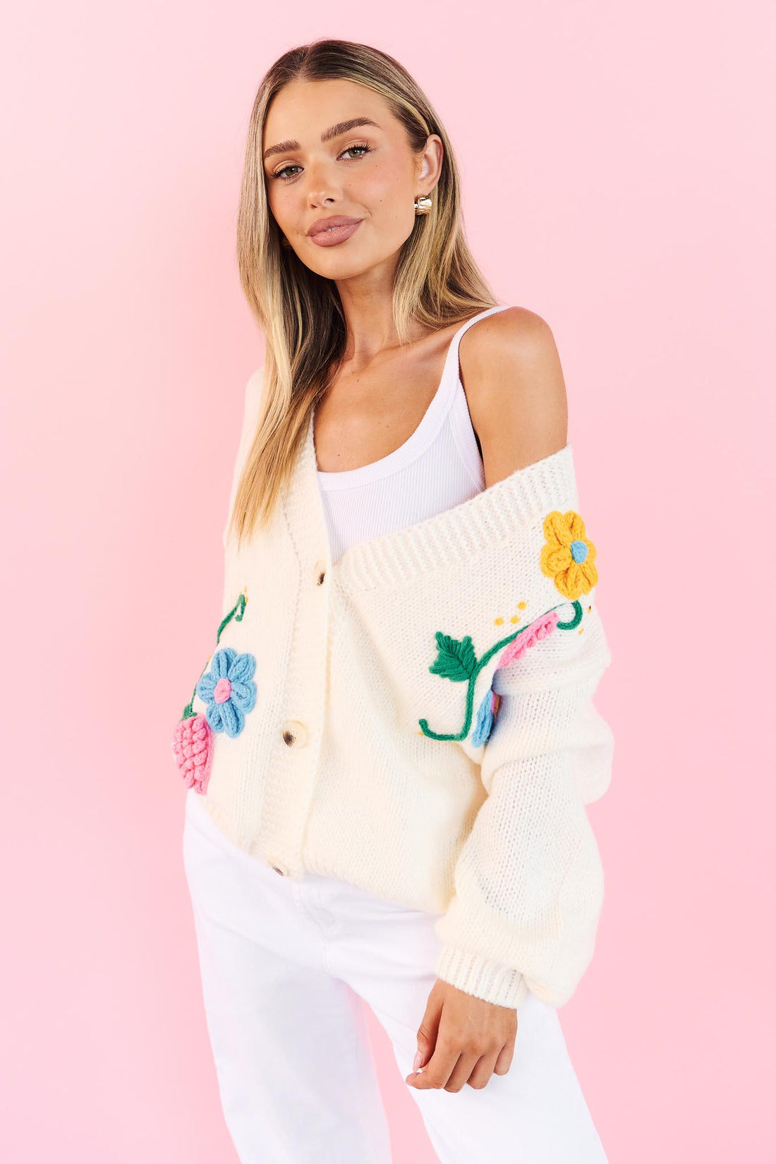 Lilah White Knit Cardigan with applique flowers