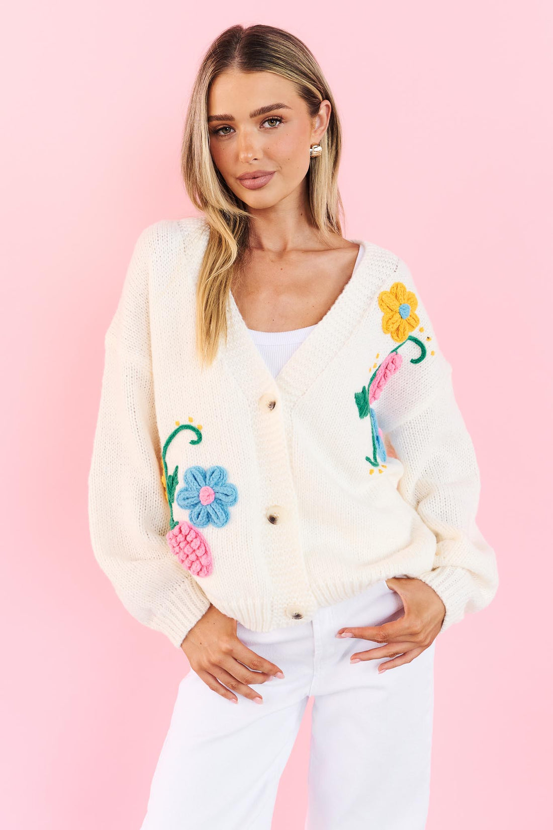 Lilah White Knit Cardigan with applique flowers