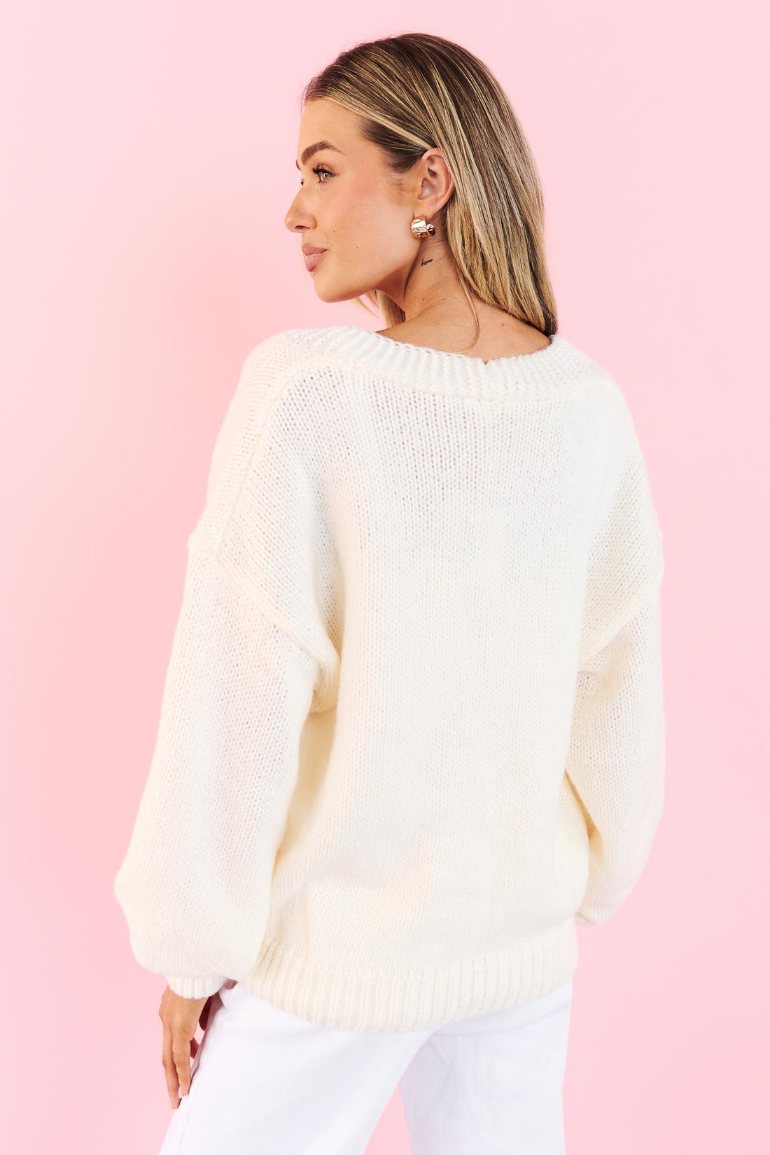 Back view of Lilah White Knit Cardigan with applique flowers