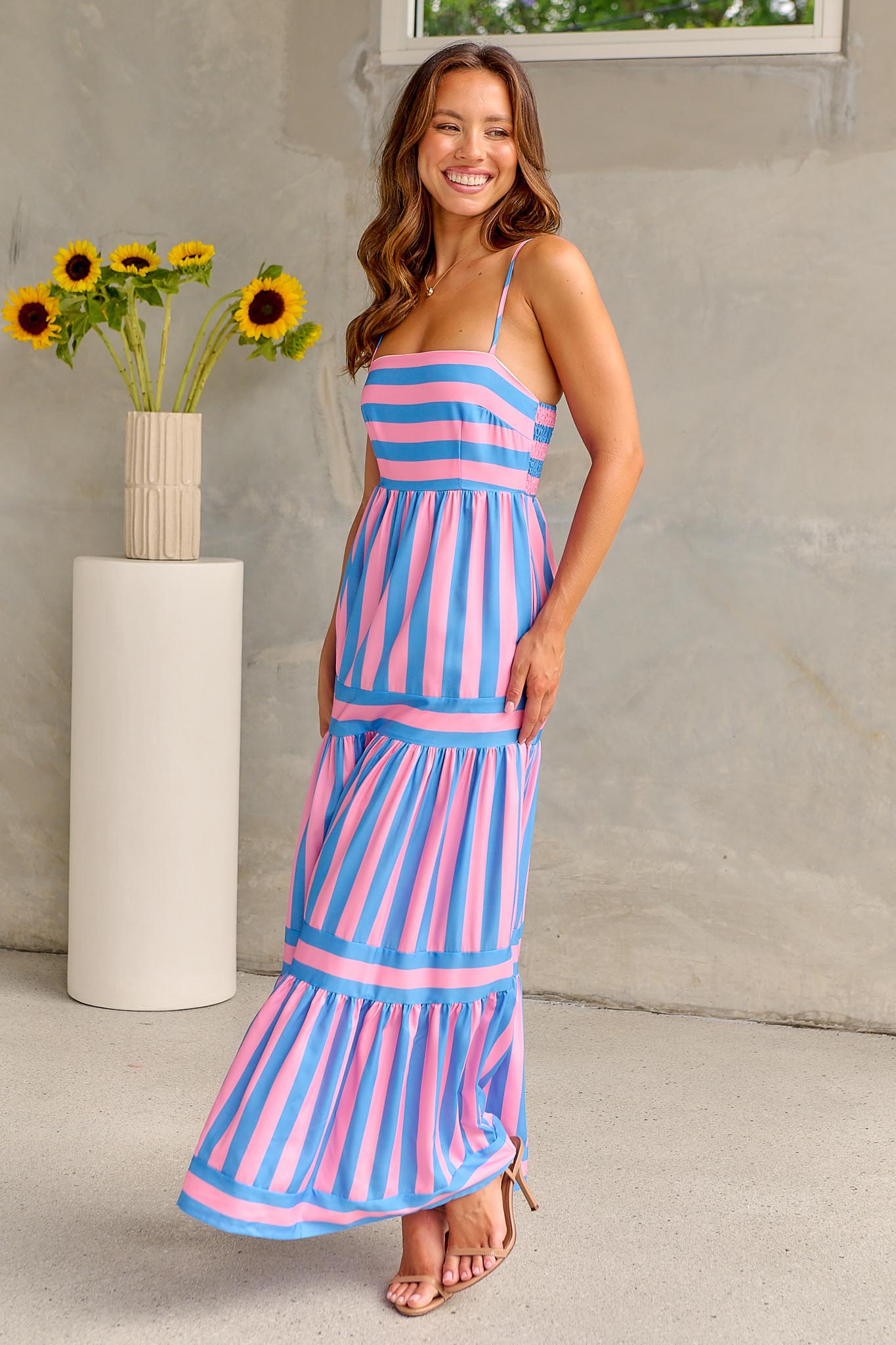 Pink and blue 2025 striped maxi dress