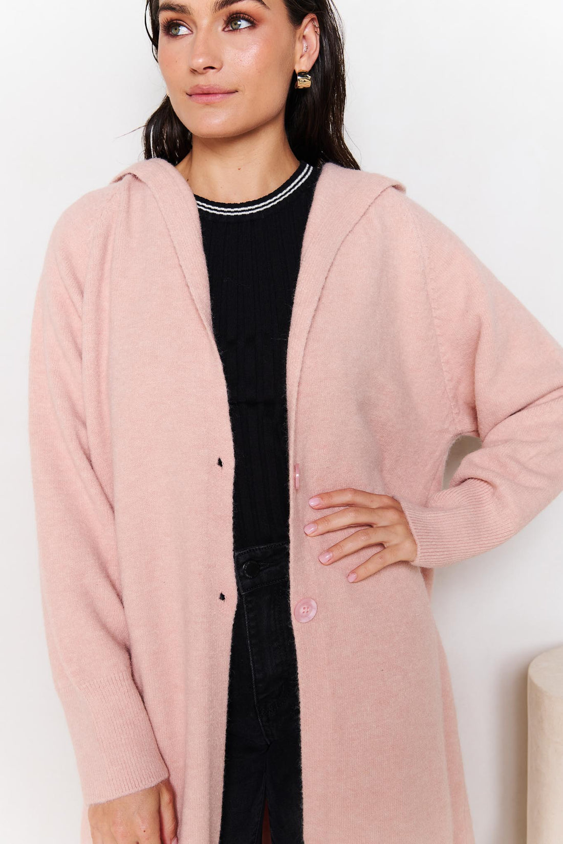 Woman wearing minnie + MAXXIE Lennox longline hooded cardi