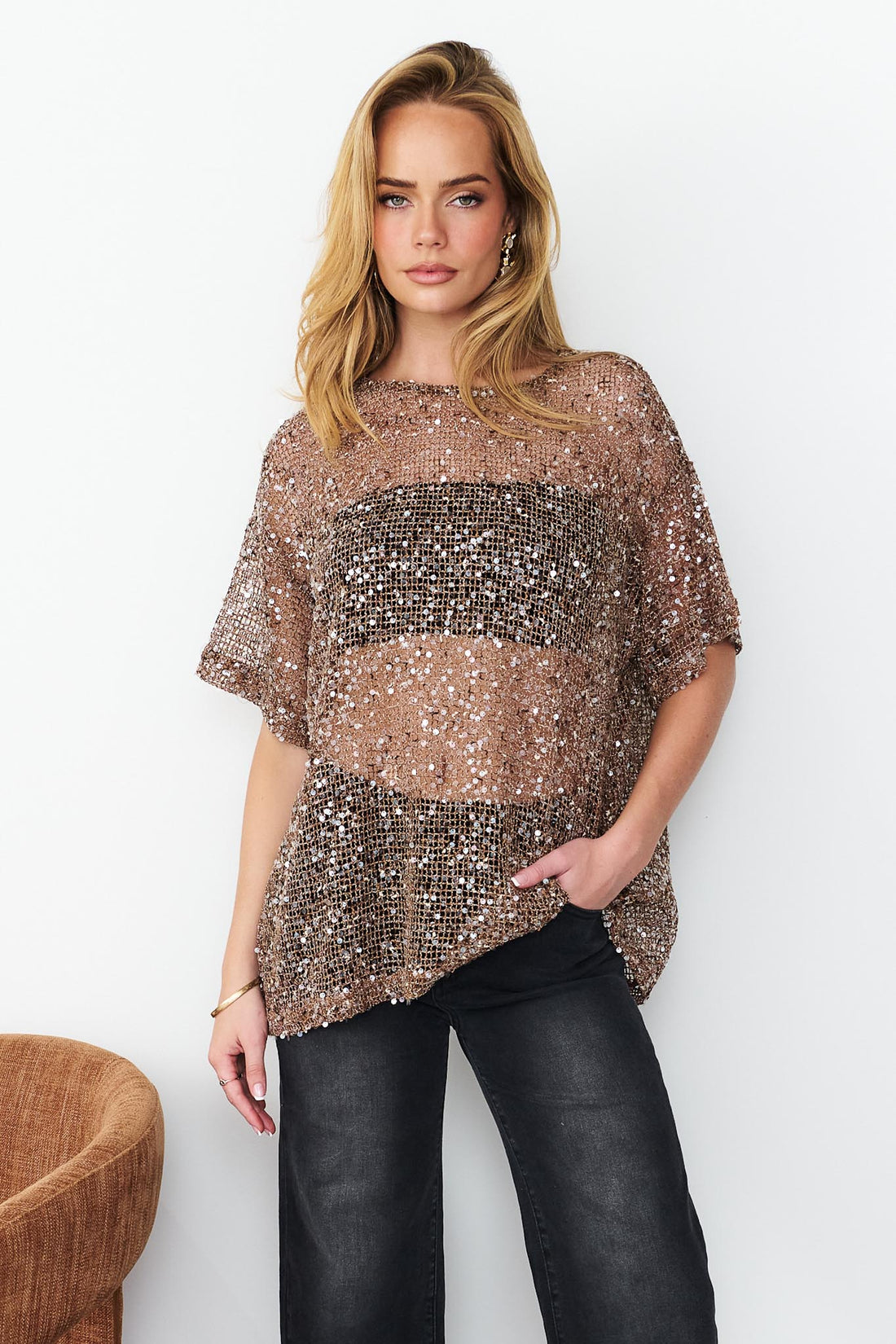 Main Character sequin top in mocha with black jeans