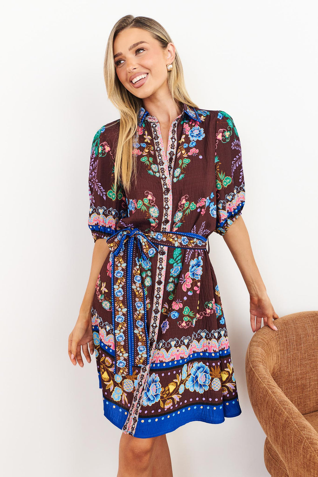 Margot dress in dark brown with floral print and matching waist tie