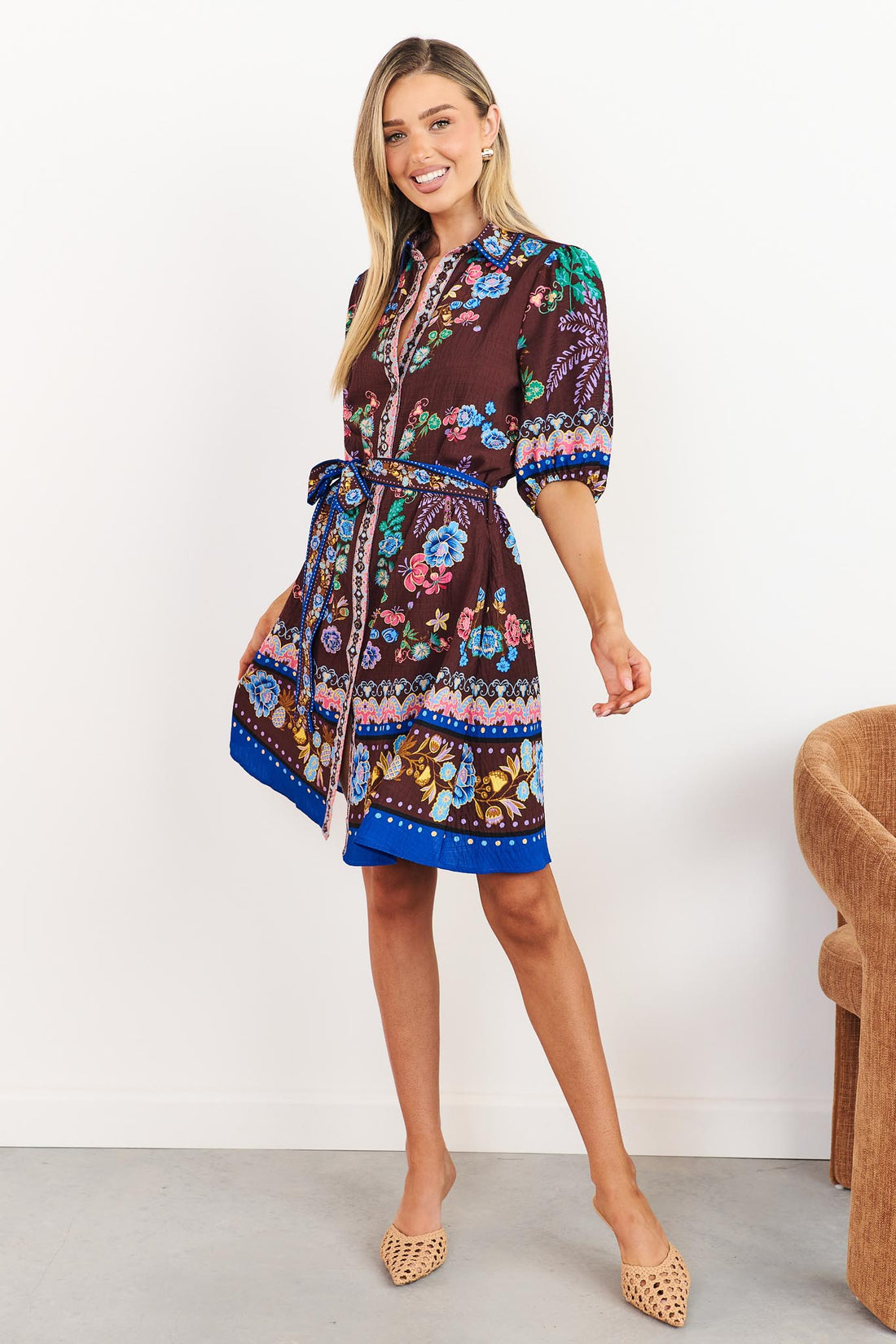 Margot dress in dark brown with floral print and matching waist tie