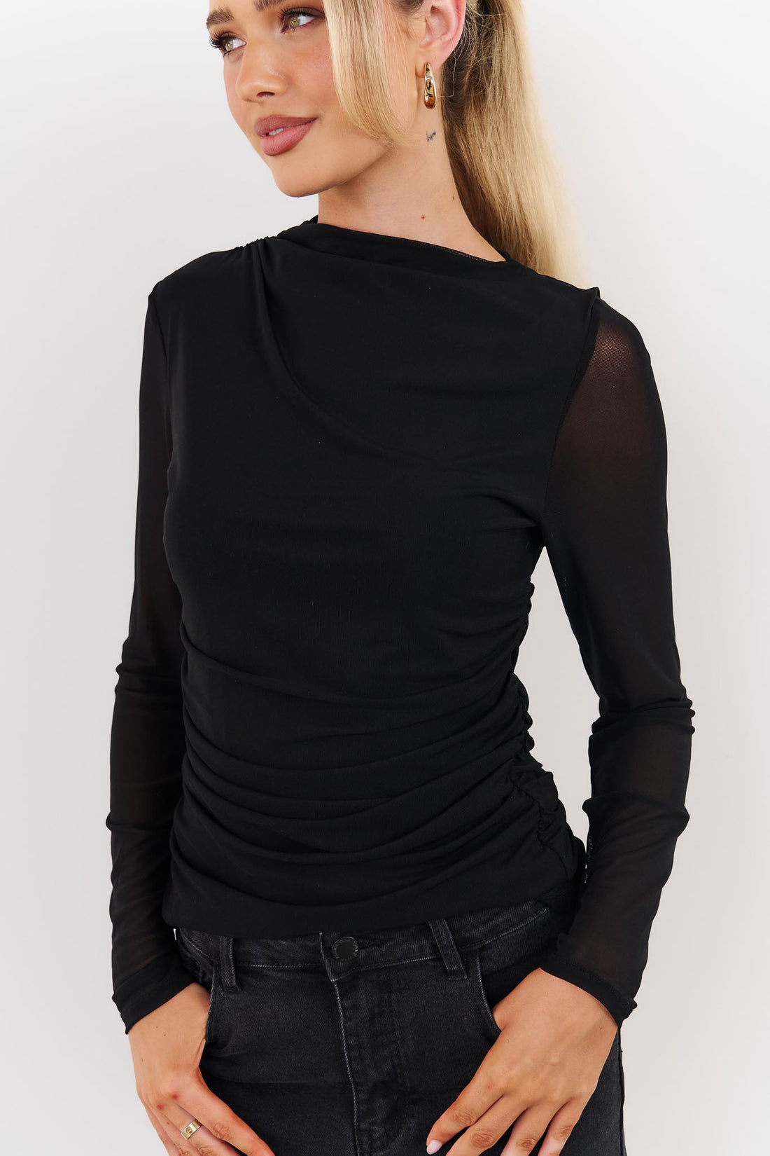 Asta Draped Mesh Top - Black - SALE