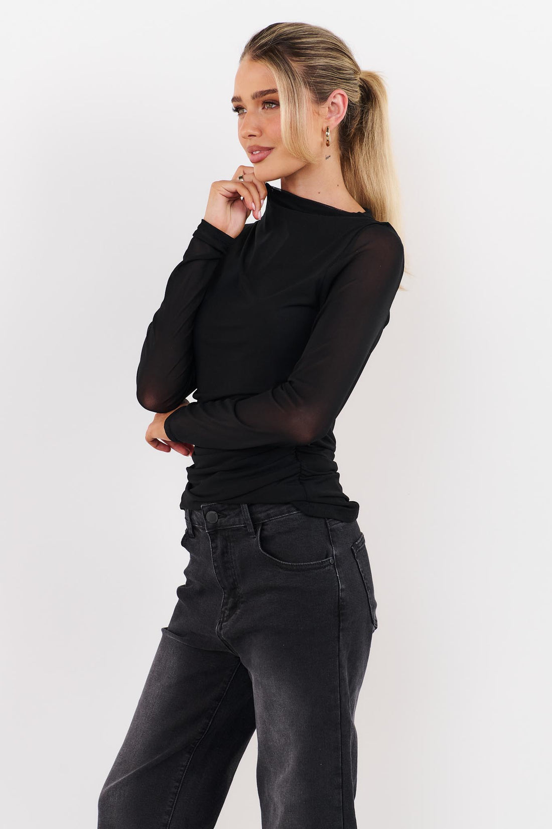 Asta Draped Mesh Top - Black - SALE