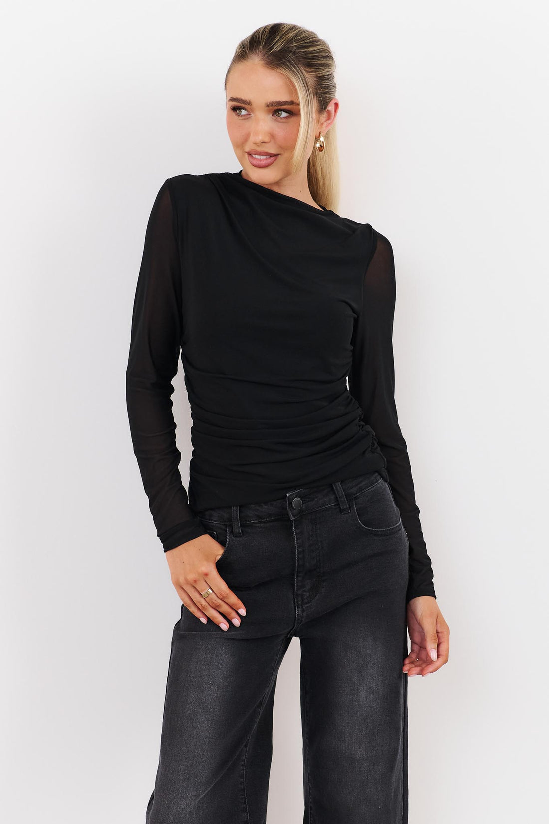 Asta Draped Mesh Top - Black - SALE