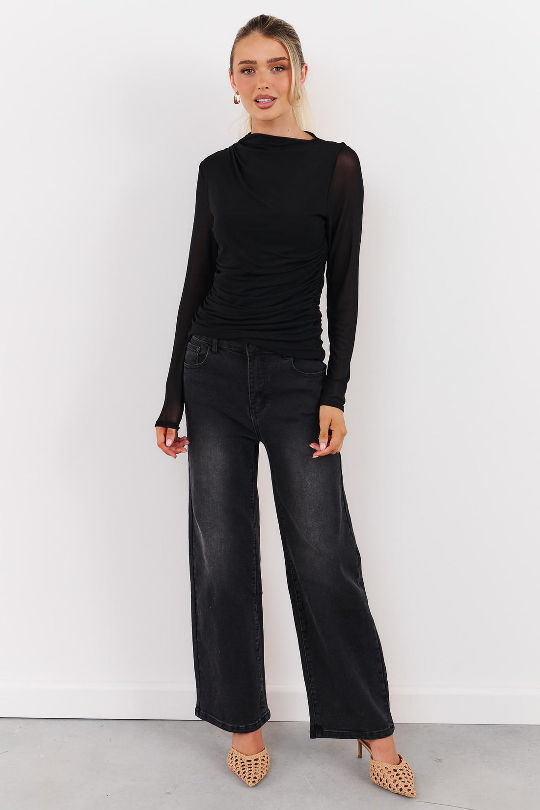 Asta Draped Mesh Top - Black - SALE