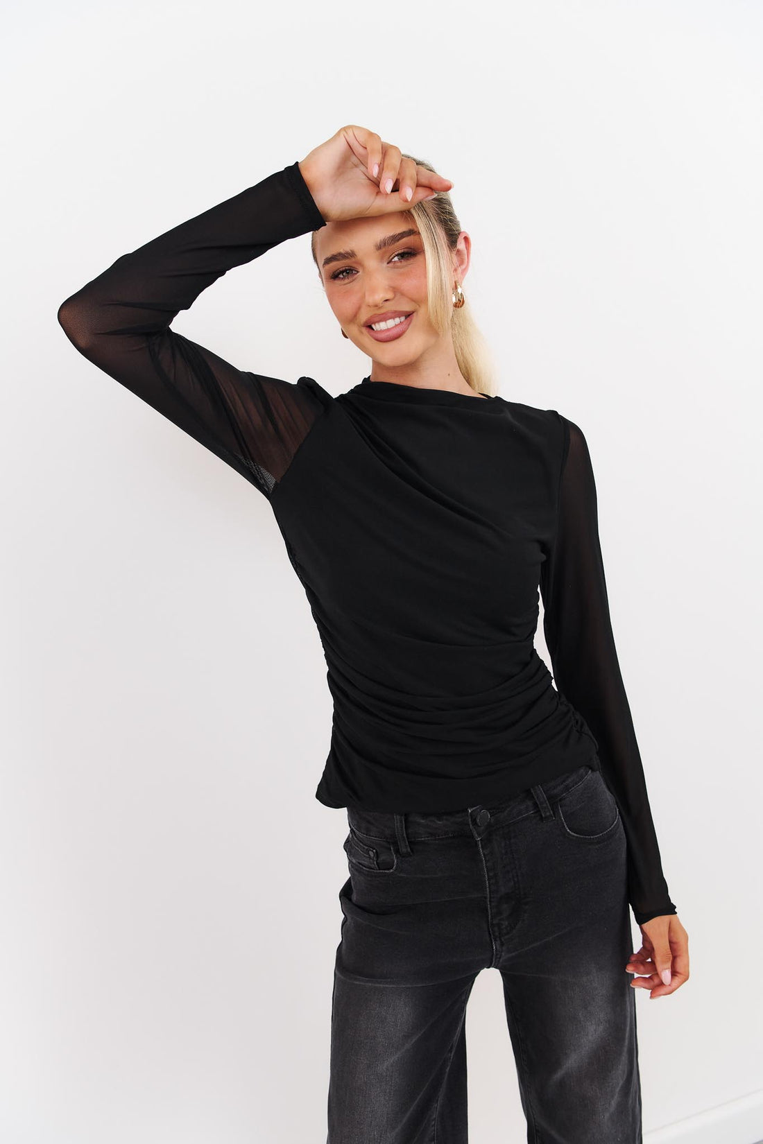 Asta Draped Mesh Top - Black - SALE