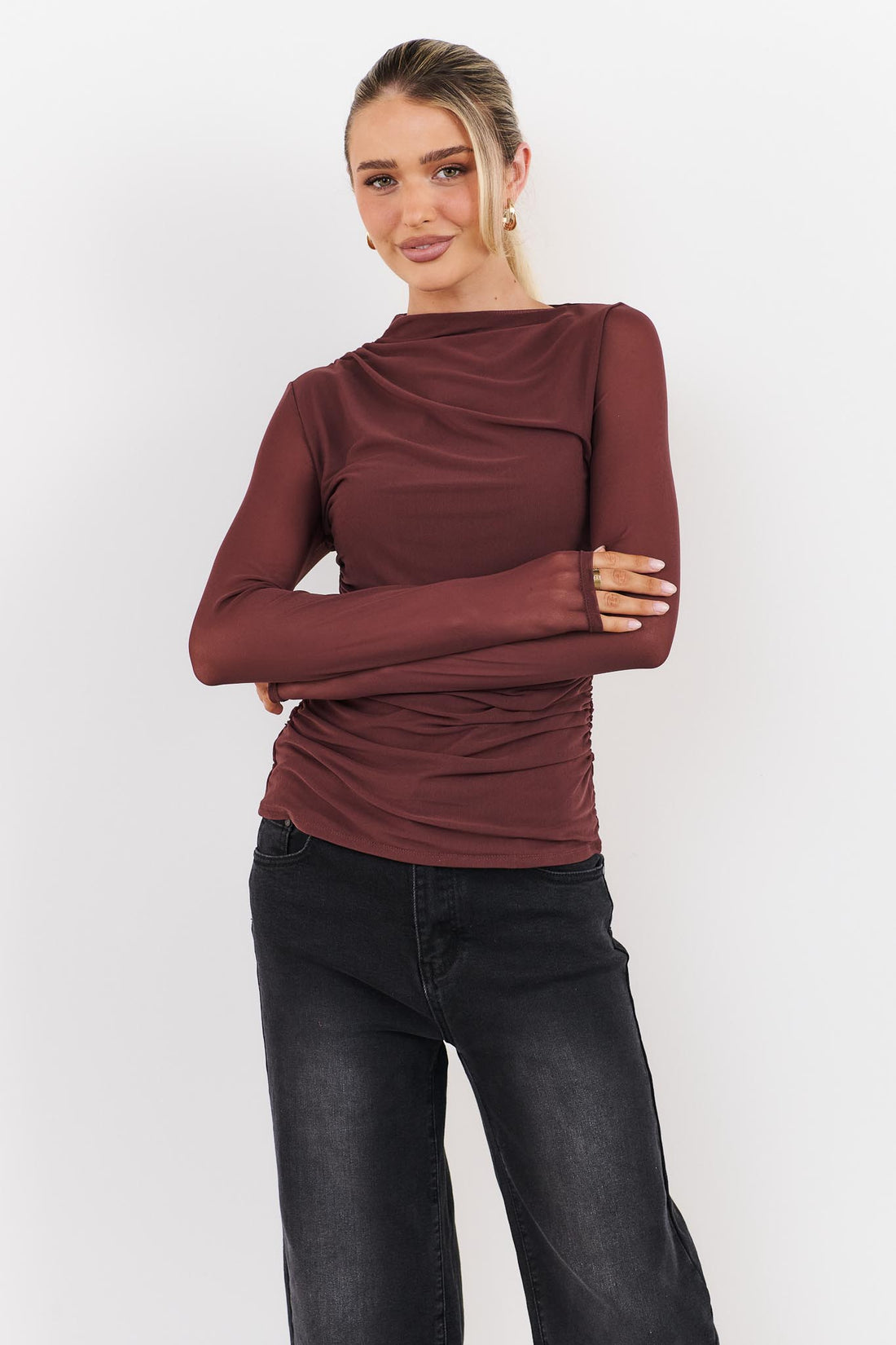 Asta Draped Mesh Top - Chocolate - SALE