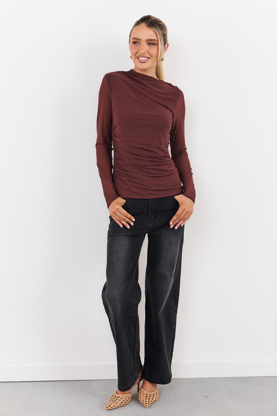 Asta Draped Mesh Top - Chocolate - SALE