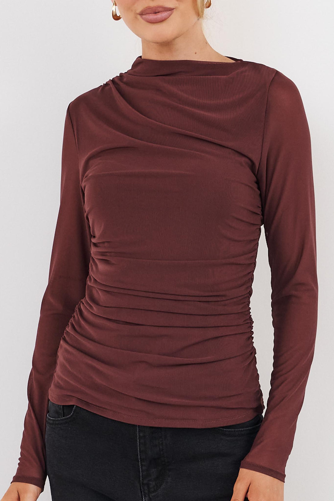 Asta Draped Mesh Top - Chocolate - SALE