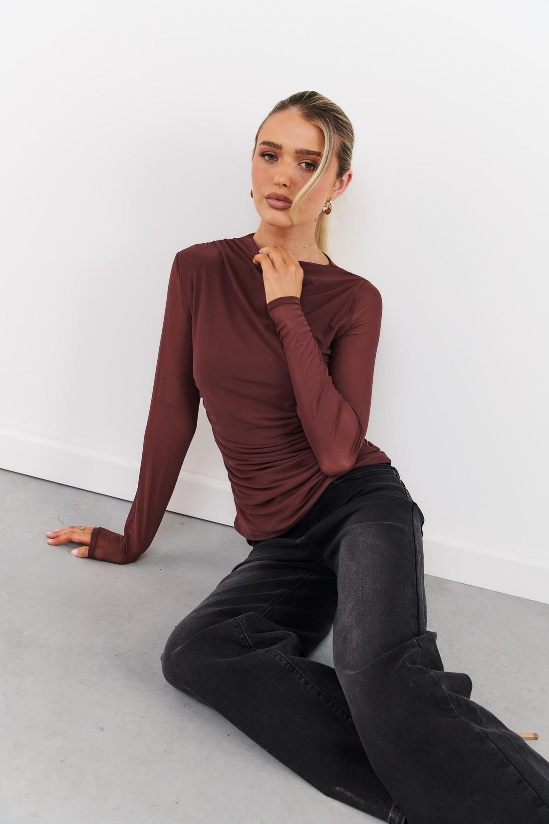 Asta Draped Mesh Top - Chocolate - SALE
