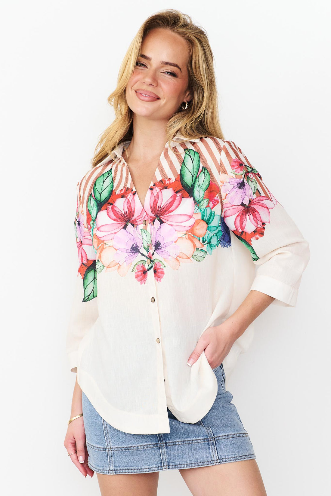 Mia Shirt in cinnamon with colourful floral patterns and stripes and a denim skirt