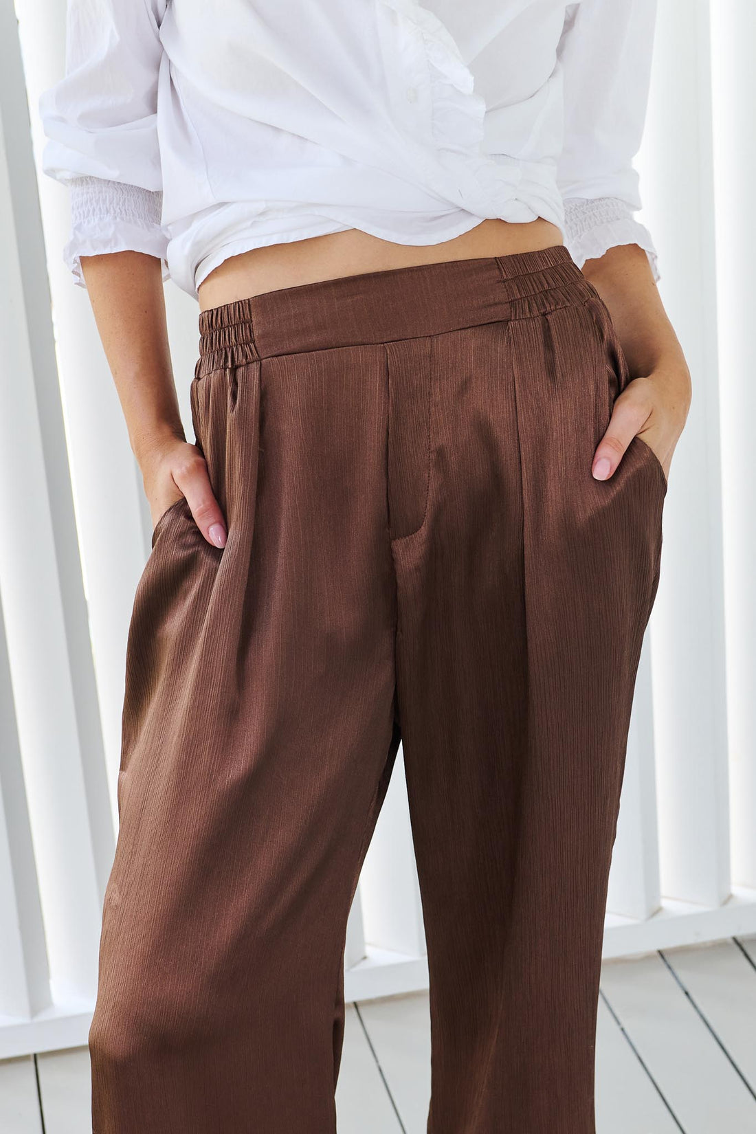 Portia Lace Trim Satin Pant - Chocolate