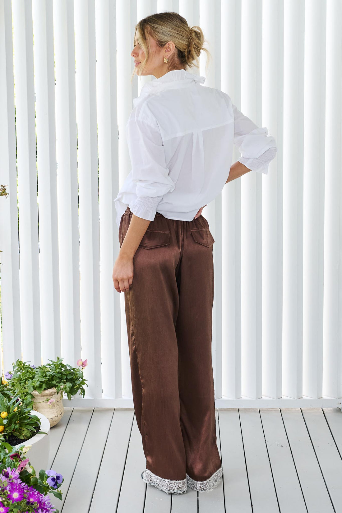 Portia Lace Trim Satin Pant - Chocolate