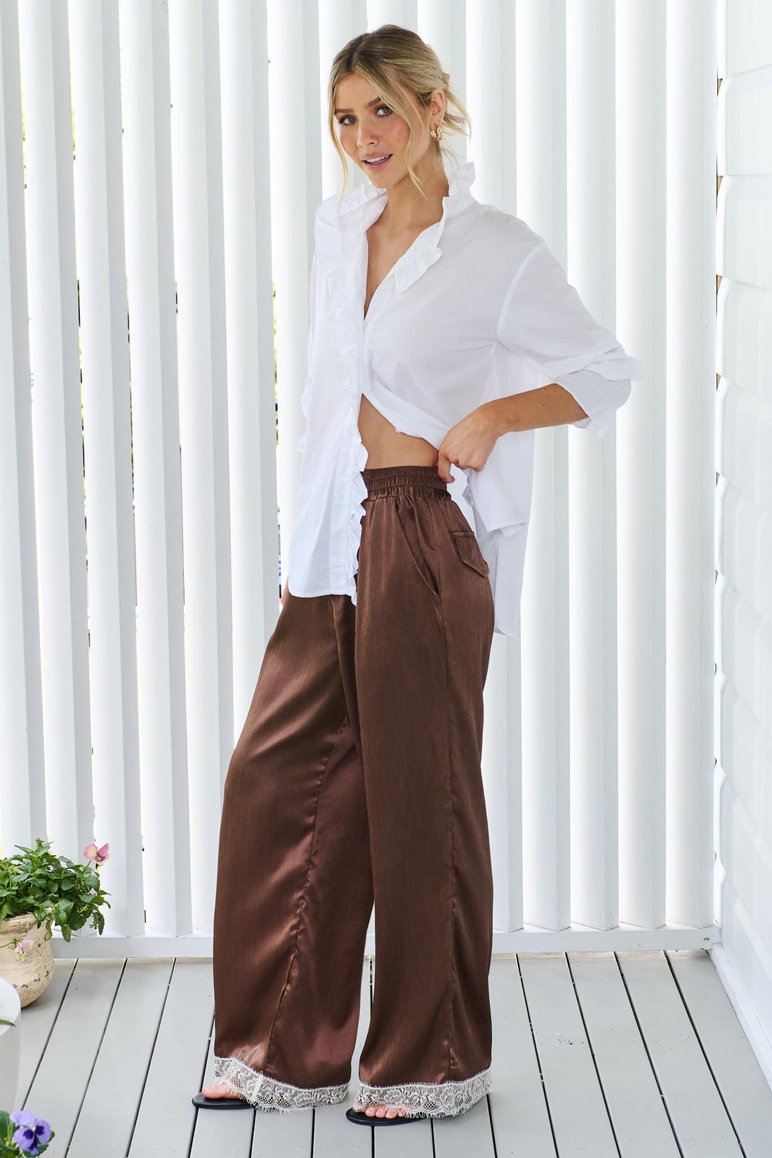Portia Lace Trim Satin Pant - Chocolate