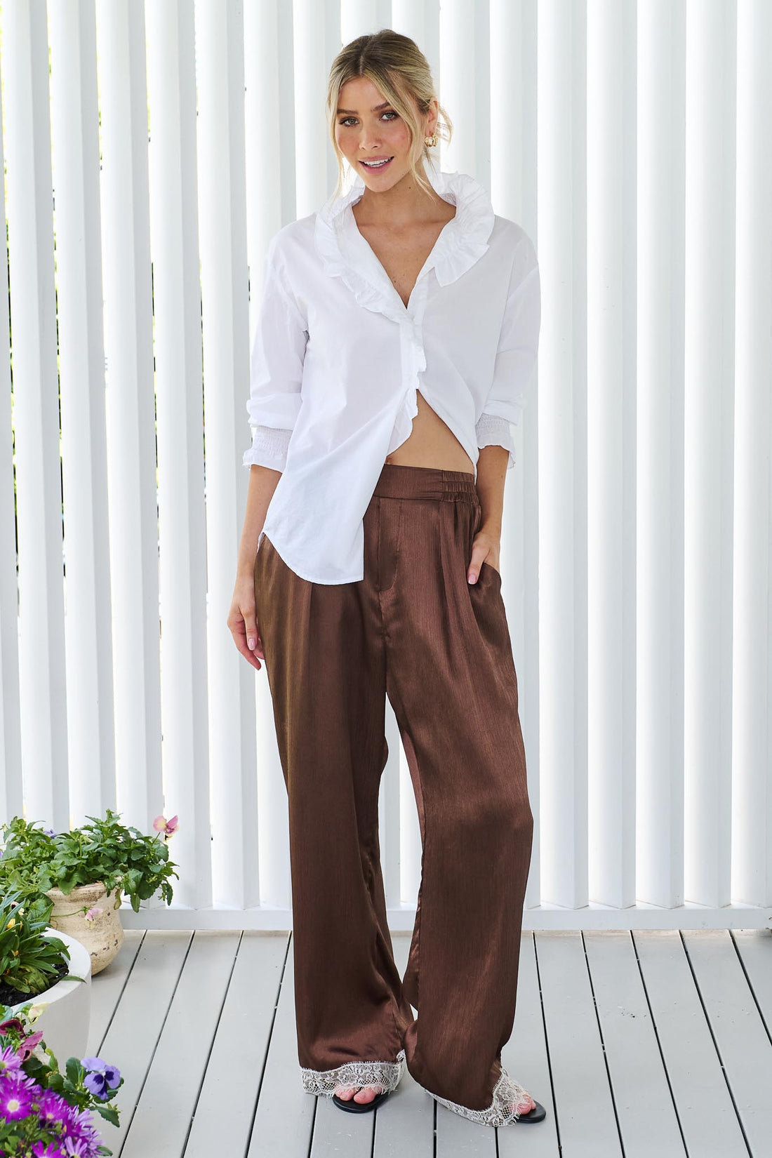 Portia Lace Trim Satin Pant - Chocolate