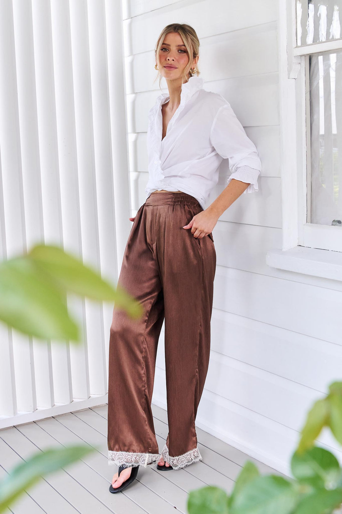 Portia Lace Trim Satin Pant - Chocolate