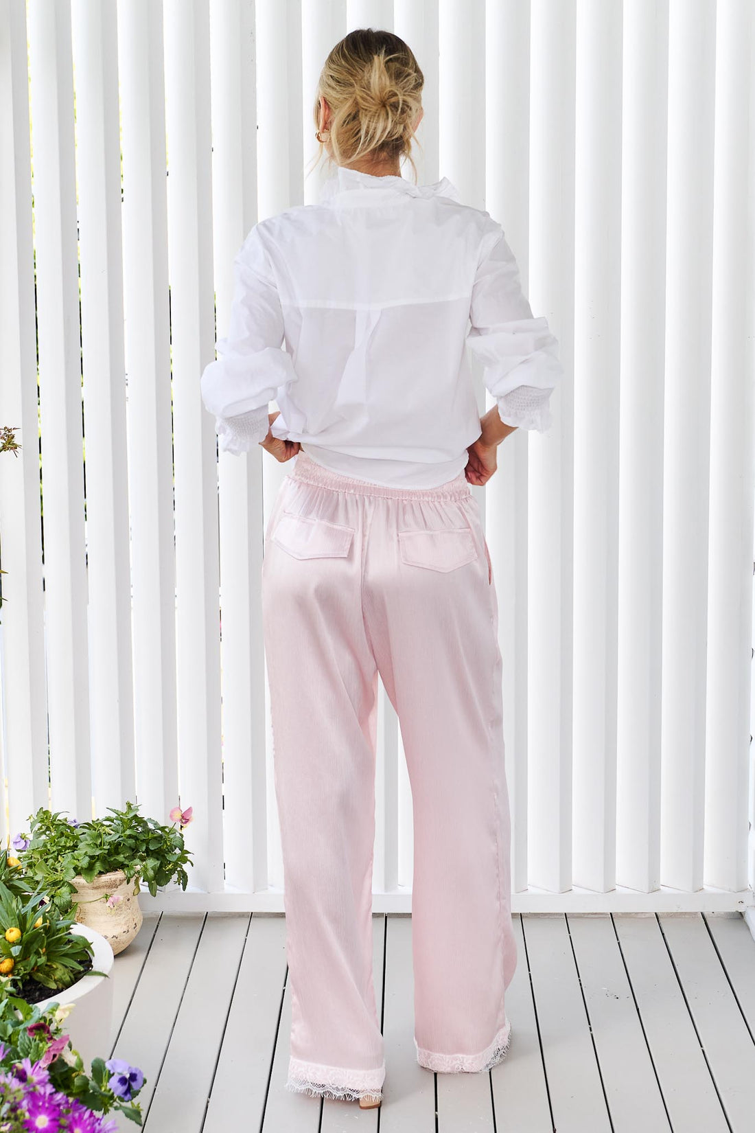 Portia Lace Trim Satin Pant - Pale Pink