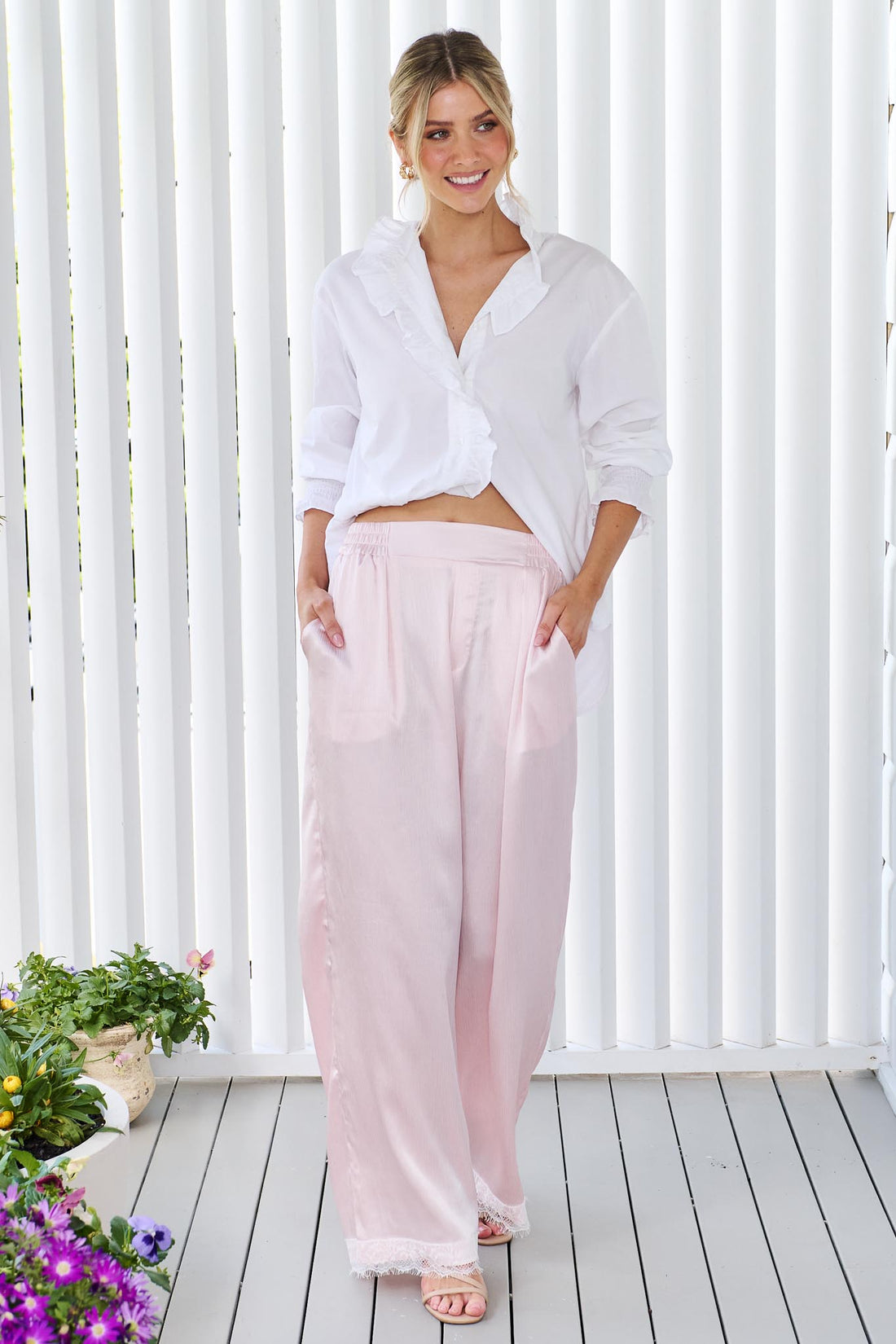 Portia Lace Trim Satin Pant - Pale Pink