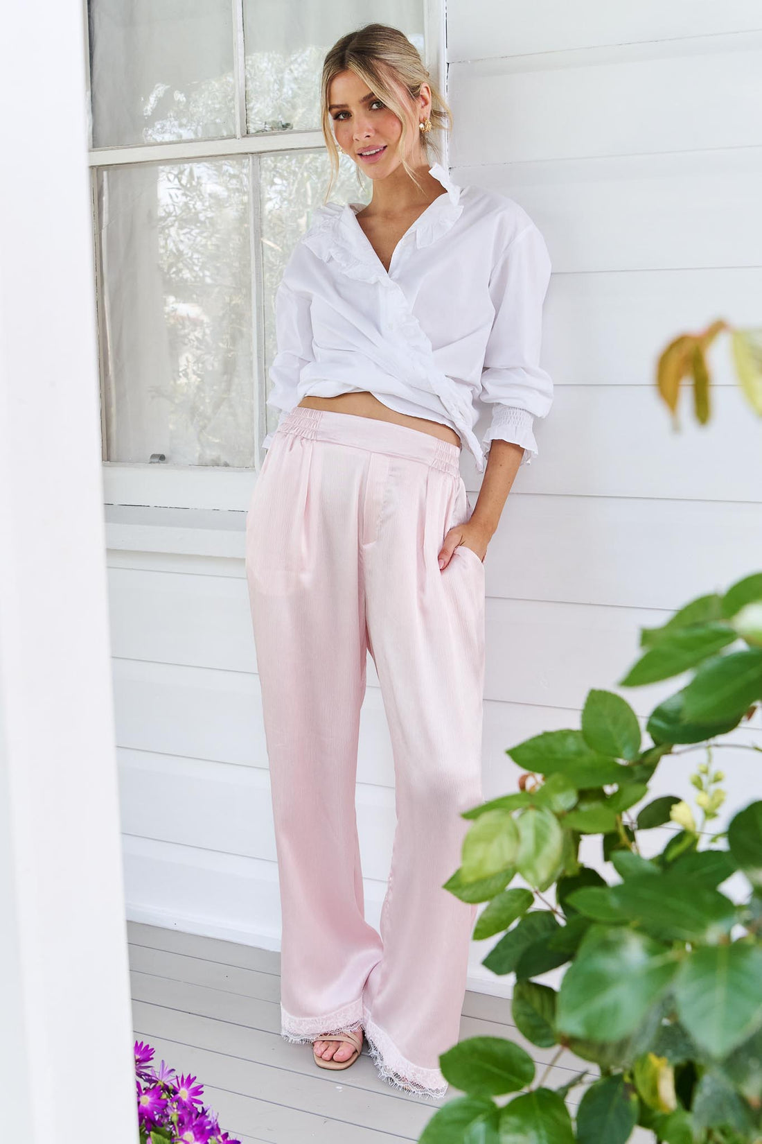 Portia Lace Trim Satin Pant - Pale Pink