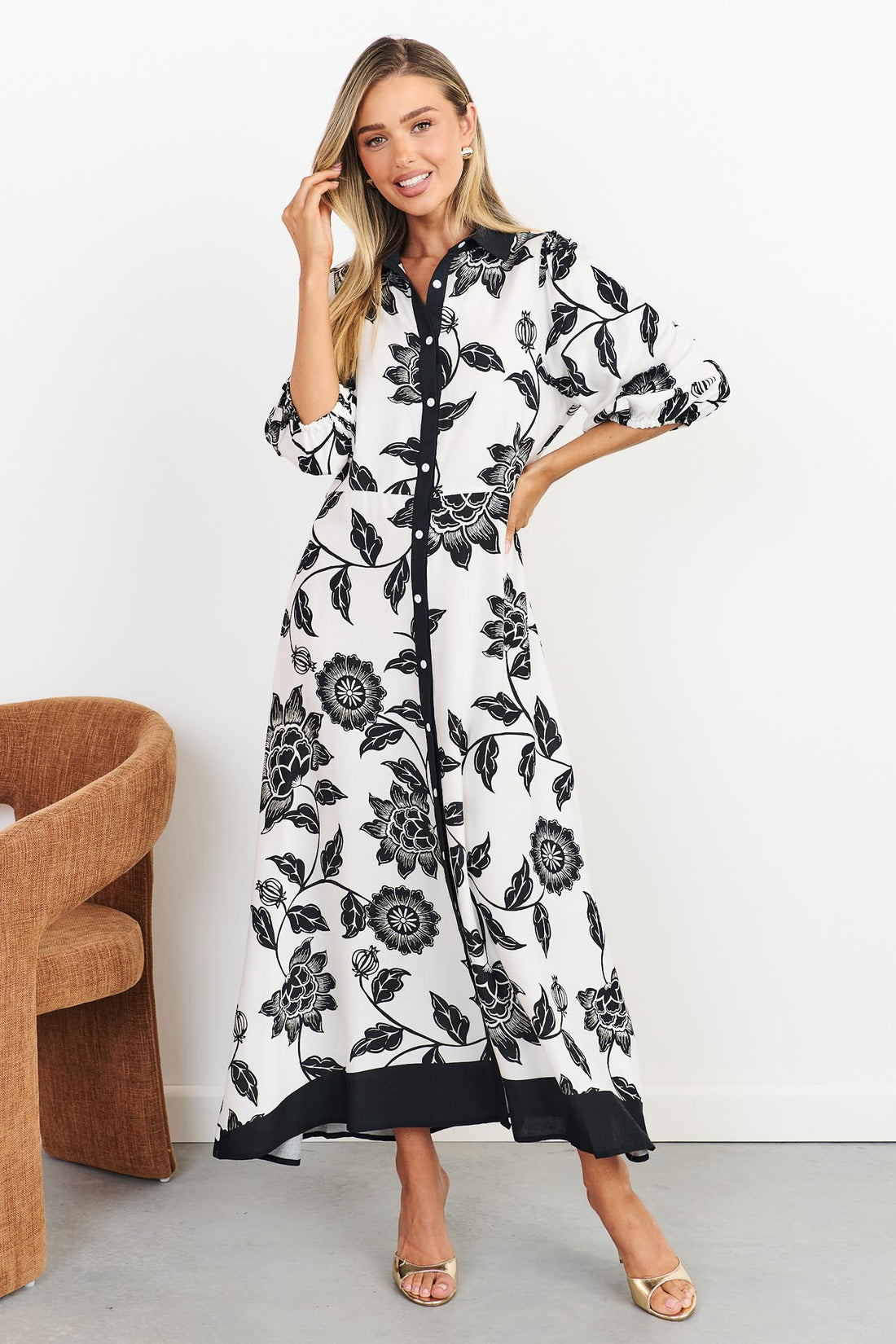 Rosa floral shirt dress in black and white